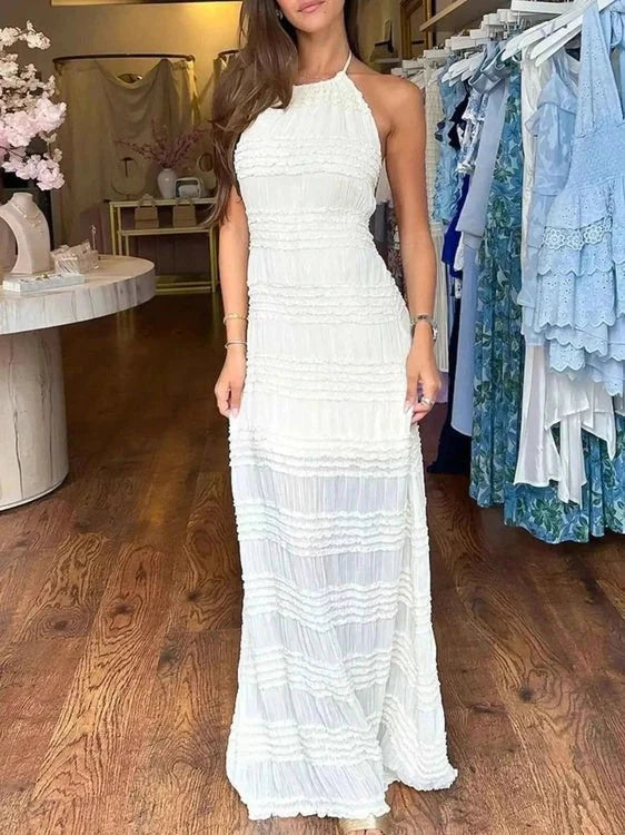 Ruched Halter Neck Smocked Maxi Dress