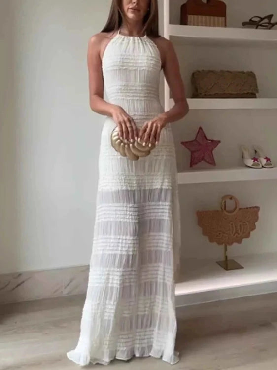 Ruched Halter Neck Smocked Maxi Dress