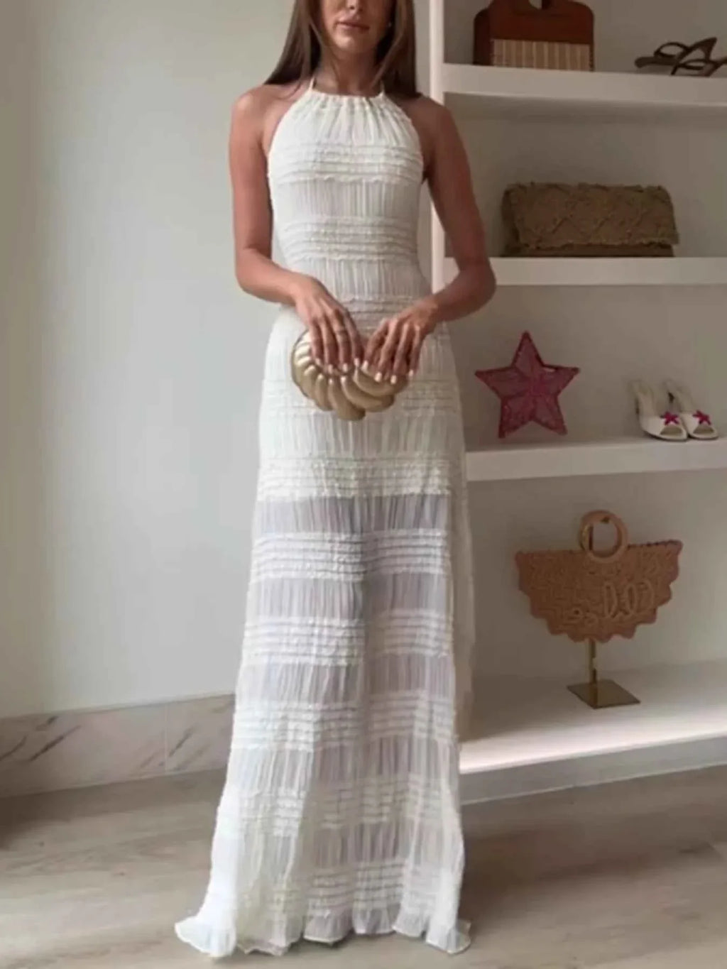 Ruched Halter Neck Smocked Maxi Dress