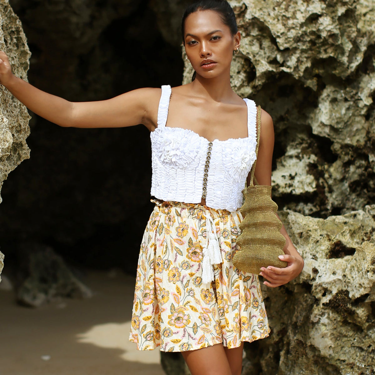 Sekar Floral Skort In Yellow | High-Waisted Cotton Skirt Shorts