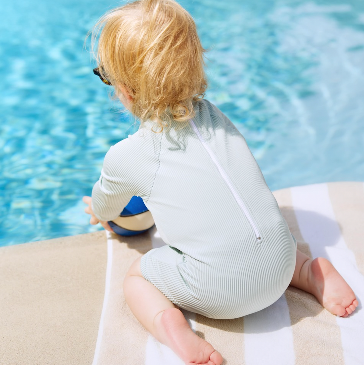 Ribbed Long-Sleeve Swimsuit for Baby · Rash Guard · Shorts · Gender-Neutral · Mint Color