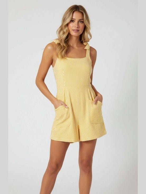 Stripe Tie Shoulder Smocked Wide Leg Romper