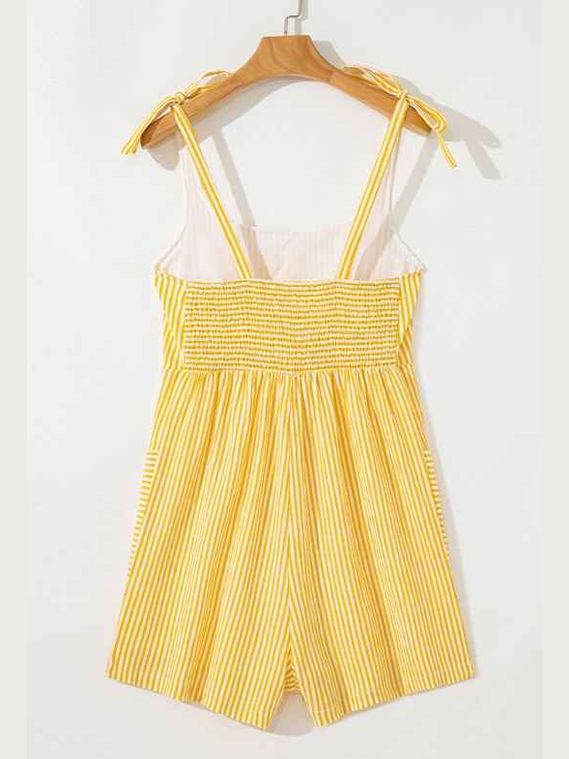Stripe Tie Shoulder Smocked Wide Leg Romper