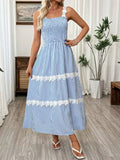 Striped Smocked Lace Trim Midi Dress