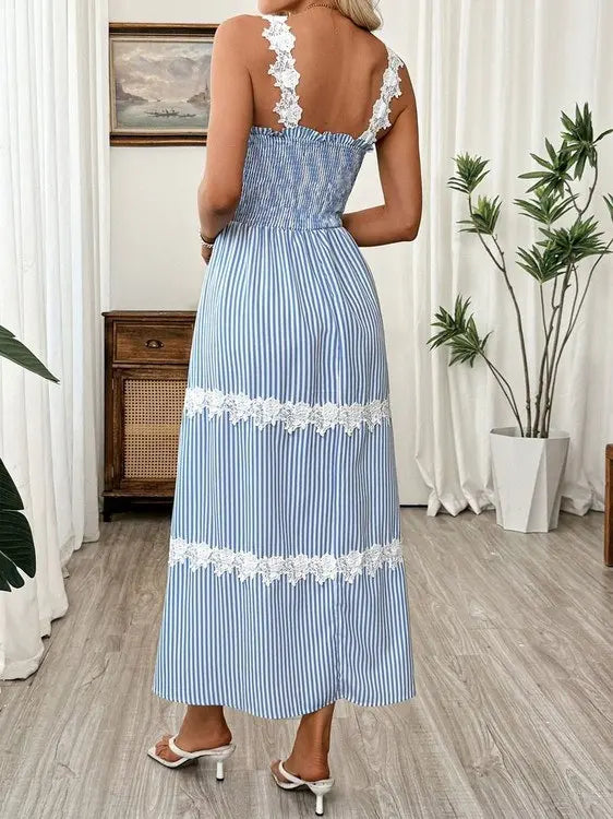 Striped Smocked Lace Trim Midi Dress