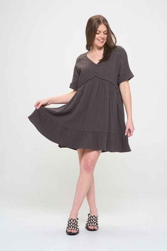 Textured Button‑Down V‑Neck Mini Dress