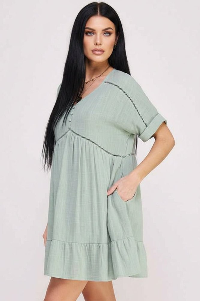 Textured Button‑Down V‑Neck Mini Dress