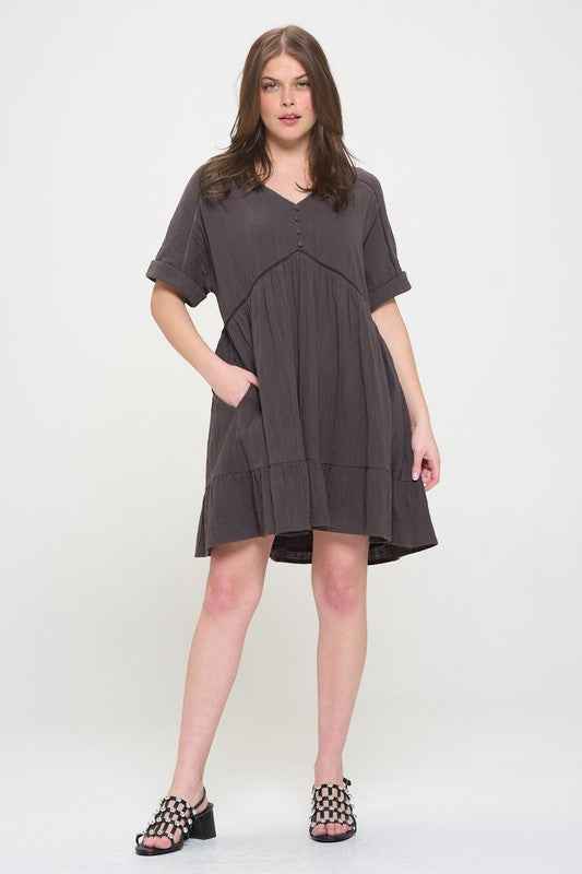 Textured Button‑Down V‑Neck Mini Dress