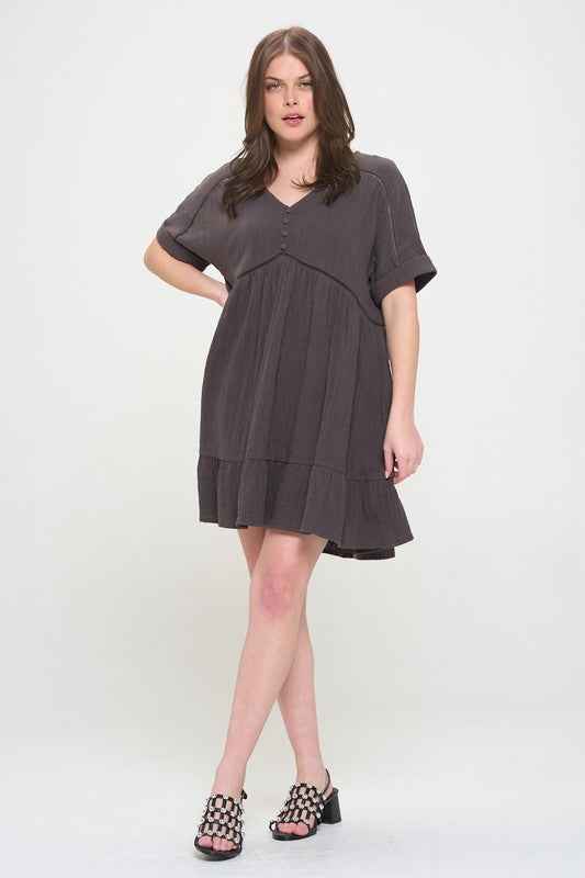 Textured Button‑Down V‑Neck Mini Dress