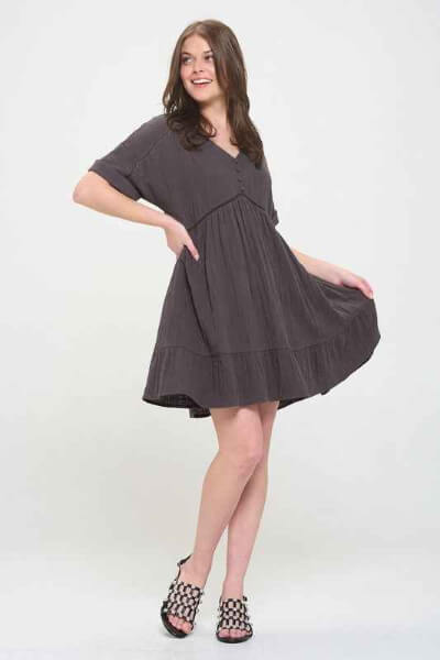Textured Button‑Down V‑Neck Mini Dress