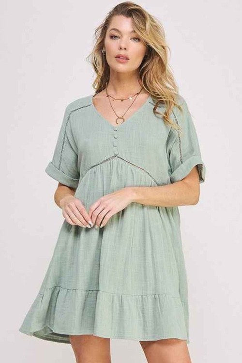 Textured Button‑Down V‑Neck Mini Dress