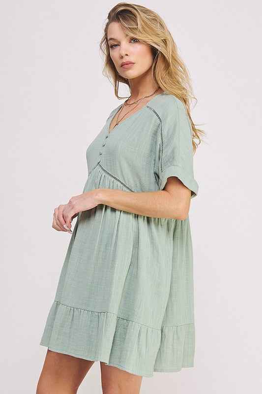 Textured Button‑Down V‑Neck Mini Dress