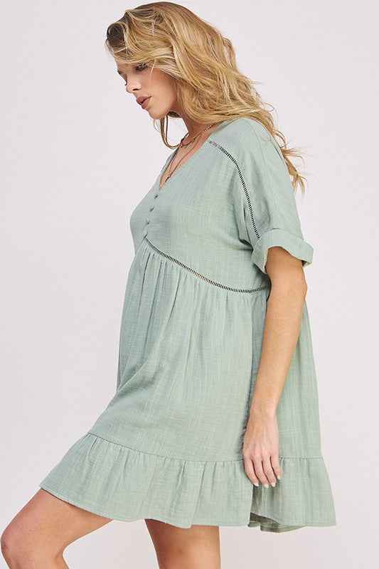 Textured Button‑Down V‑Neck Mini Dress