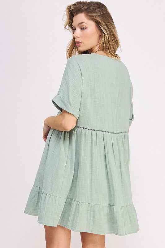 Textured Button‑Down V‑Neck Mini Dress