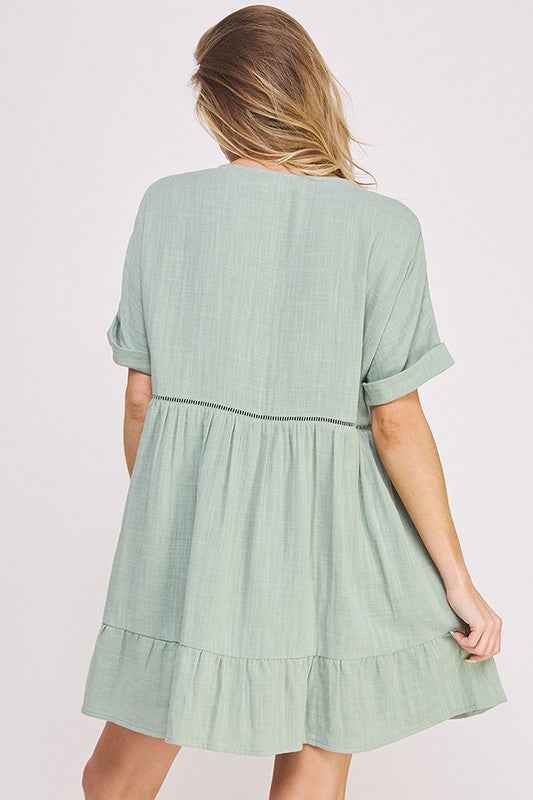Textured Button‑Down V‑Neck Mini Dress