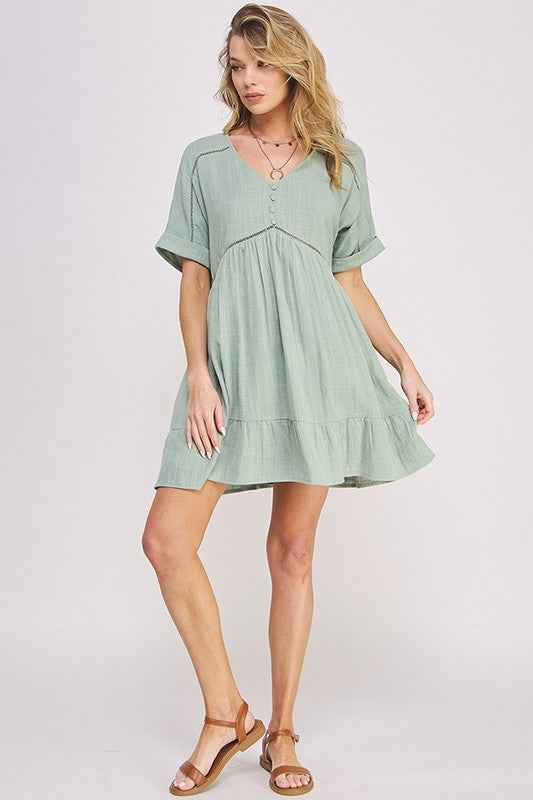Textured Button‑Down V‑Neck Mini Dress