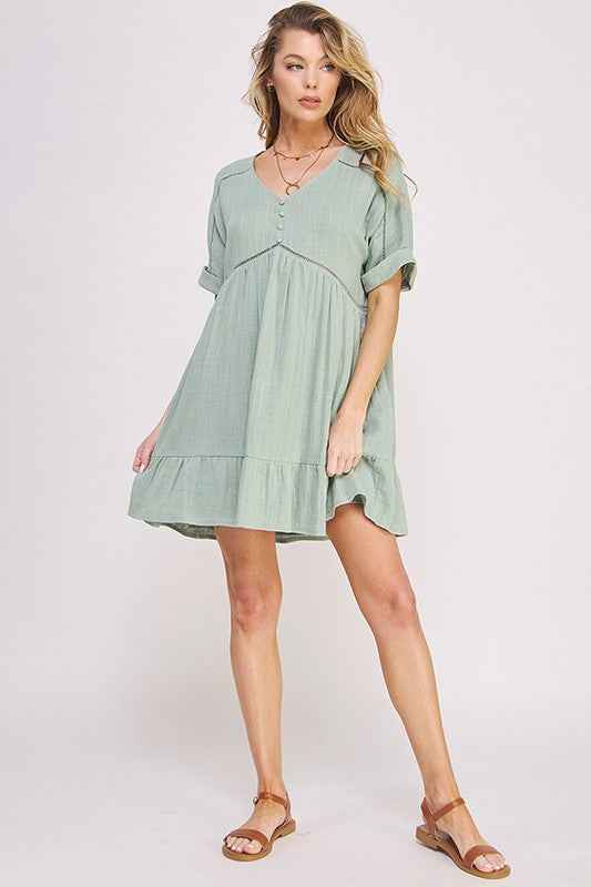 Textured Button‑Down V‑Neck Mini Dress