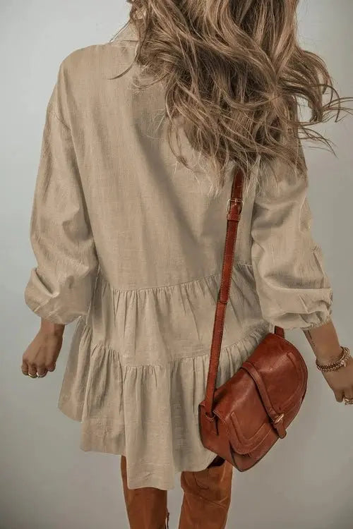 Tiered Balloon Sleeve Dress with Collared Neck Design