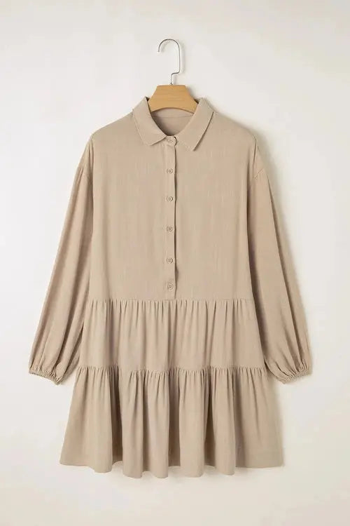 Tiered Balloon Sleeve Dress with Collared Neck Design