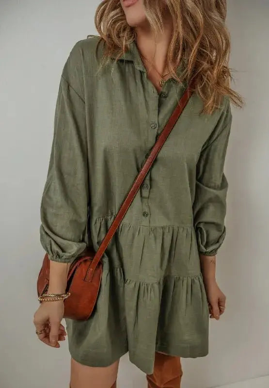 Tiered Balloon Sleeve Dress with Collared Neck Design