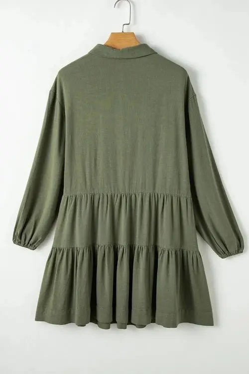 Tiered Balloon Sleeve Dress with Collared Neck Design