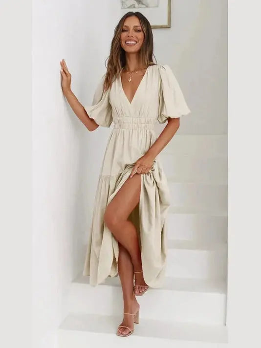 Tiered Surplice Half Sleeve Midi Dress
