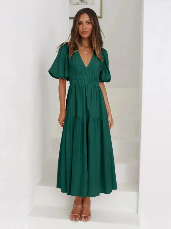 Tiered Surplice Half Sleeve Midi Dress