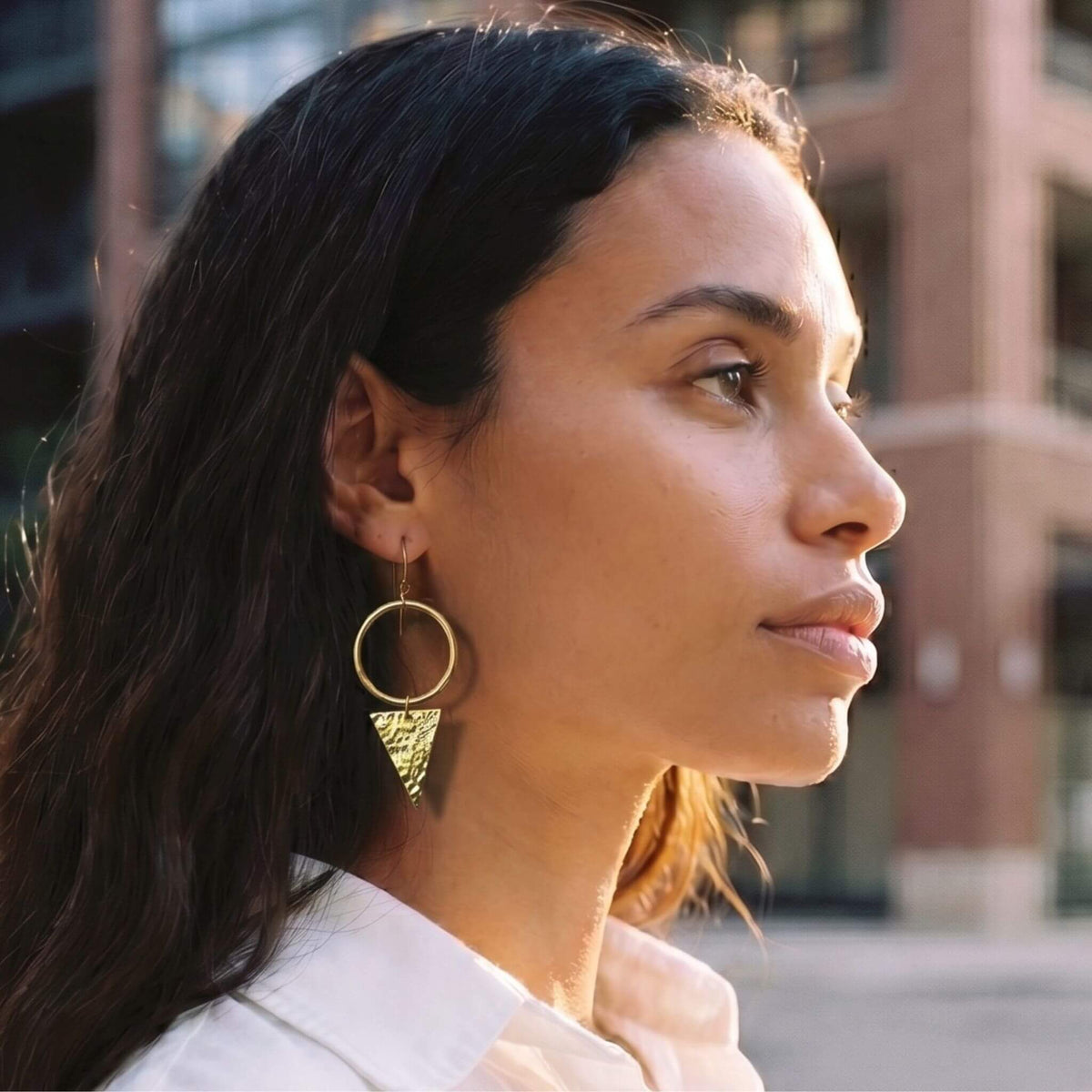 Circle Hoop with Triangle Drop Brass Earrings | Wema