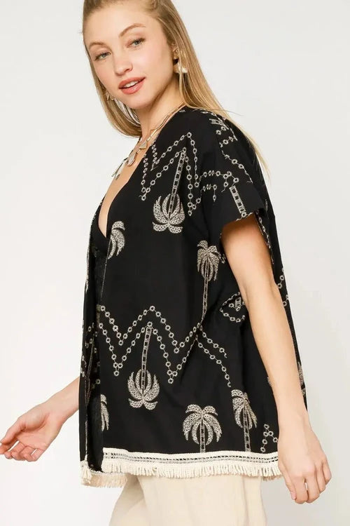 Umgee Embroidered Kimono with Open Front and Fringe