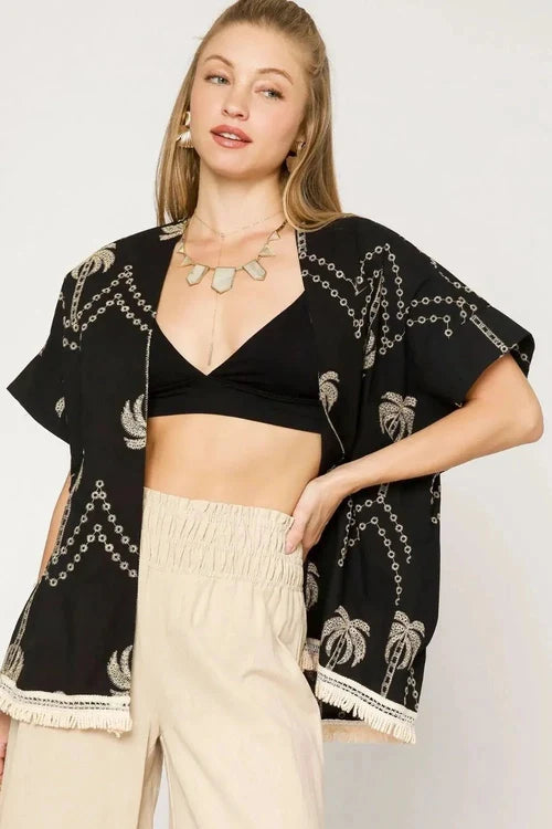 Umgee Embroidered Kimono with Open Front and Fringe