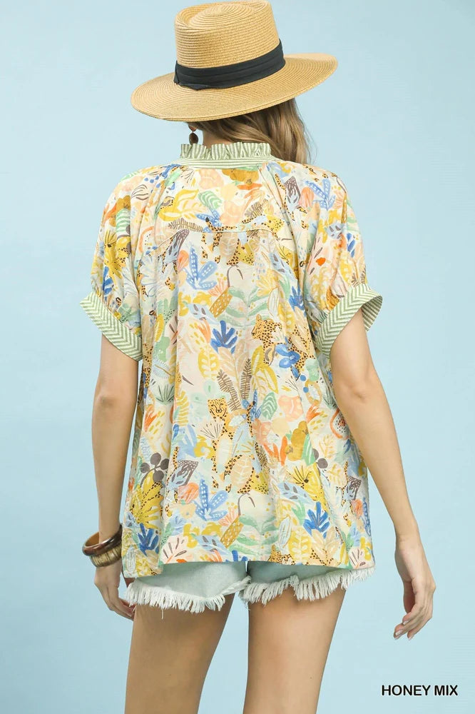 Umgee Mix Boho Printed V-Neck Top