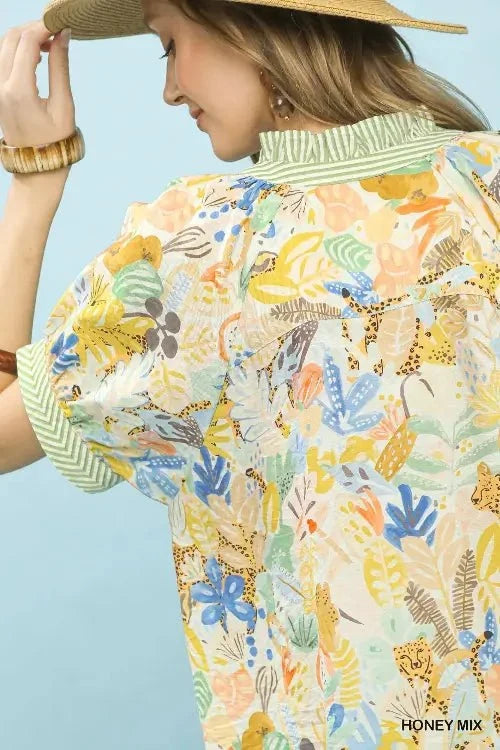 Umgee Mix Boho Printed V-Neck Top