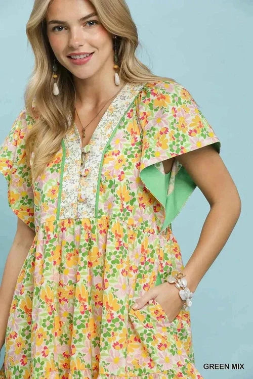 Umgee Mix Floral Tiered Mini Dress with Side Pockets
