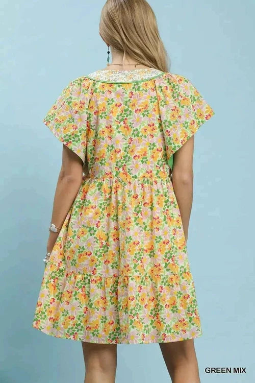 Umgee Mix Floral Tiered Mini Dress with Side Pockets