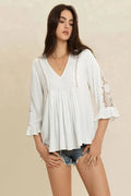 V-Neck Lace Top with Flounce Sleeves