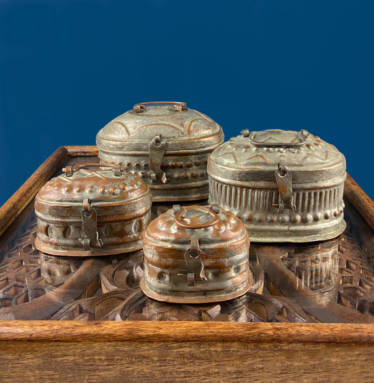 Hand Pounded Copper Cricket Boxes with Hinged Lids. Set of 4 Oval Metal Boxes with Perforated Bases. Rustic Collection of Containers.