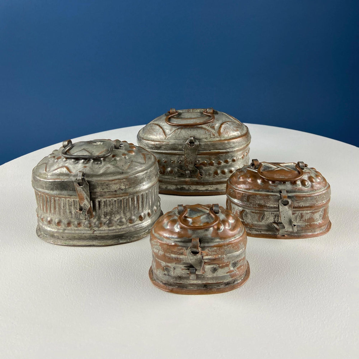 Hand Pounded Copper Cricket Boxes with Hinged Lids. Set of 4 Oval Metal Boxes with Perforated Bases. Rustic Collection of Containers.