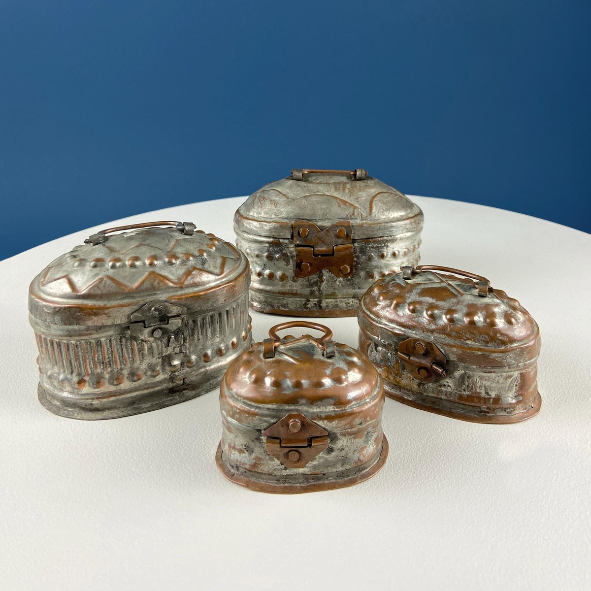 Hand Pounded Copper Cricket Boxes with Hinged Lids. Set of 4 Oval Metal Boxes with Perforated Bases. Rustic Collection of Containers.