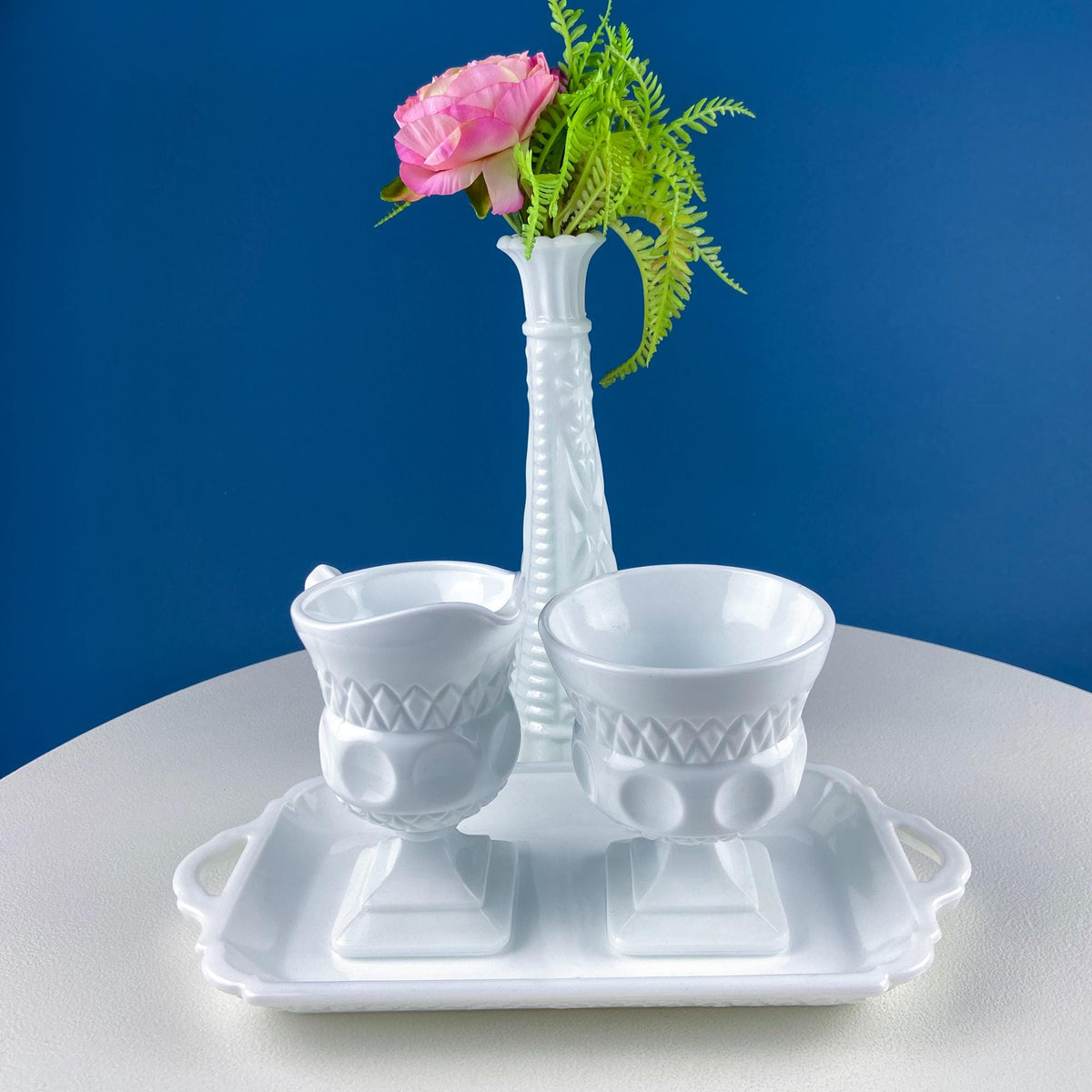 Vintage Fenton Milk Glass Sugar Bowl & Creamer on Matching Tray. White Thumb Print Serving Dishes. Collectible Glass. Dining Room Servware.