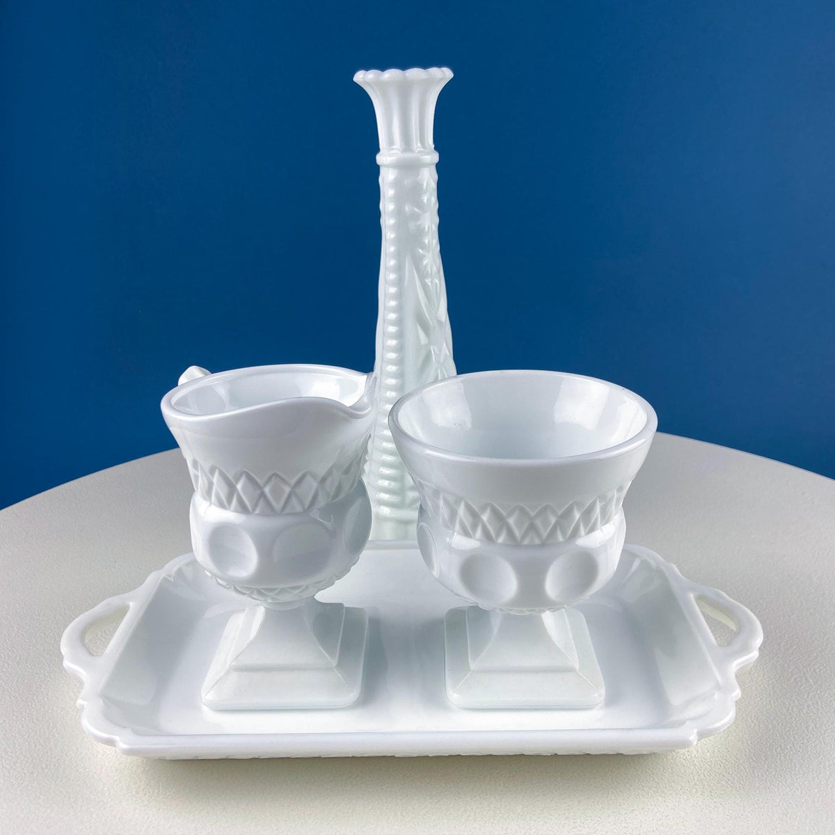 Vintage Fenton Milk Glass Sugar Bowl & Creamer on Matching Tray. White Thumb Print Serving Dishes. Collectible Glass. Dining Room Servware.