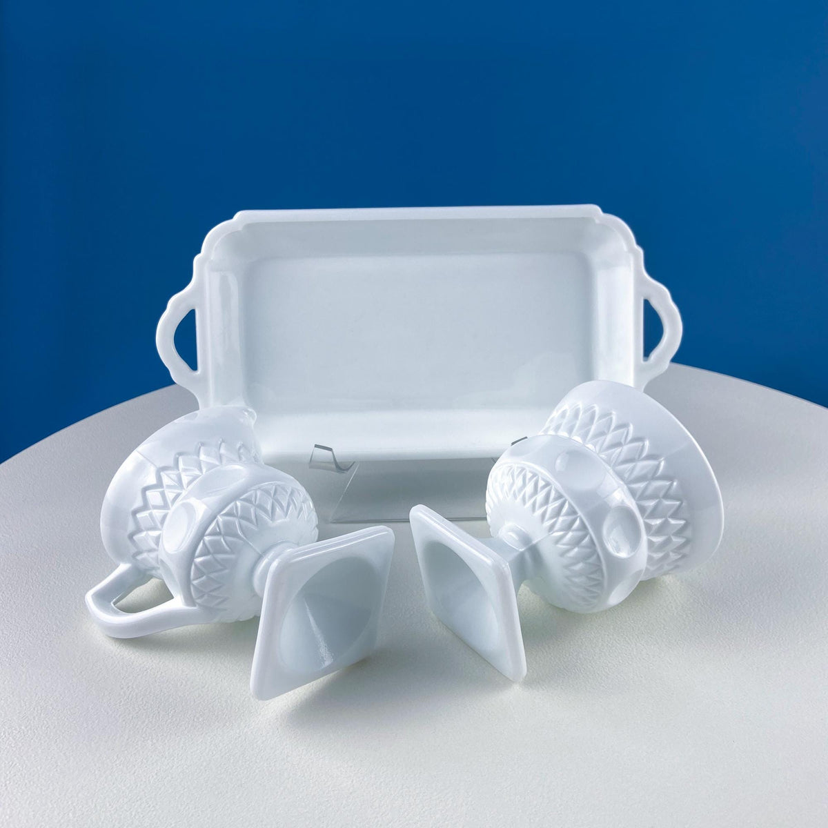 Vintage Fenton Milk Glass Sugar Bowl & Creamer on Matching Tray. White Thumb Print Serving Dishes. Collectible Glass. Dining Room Servware.