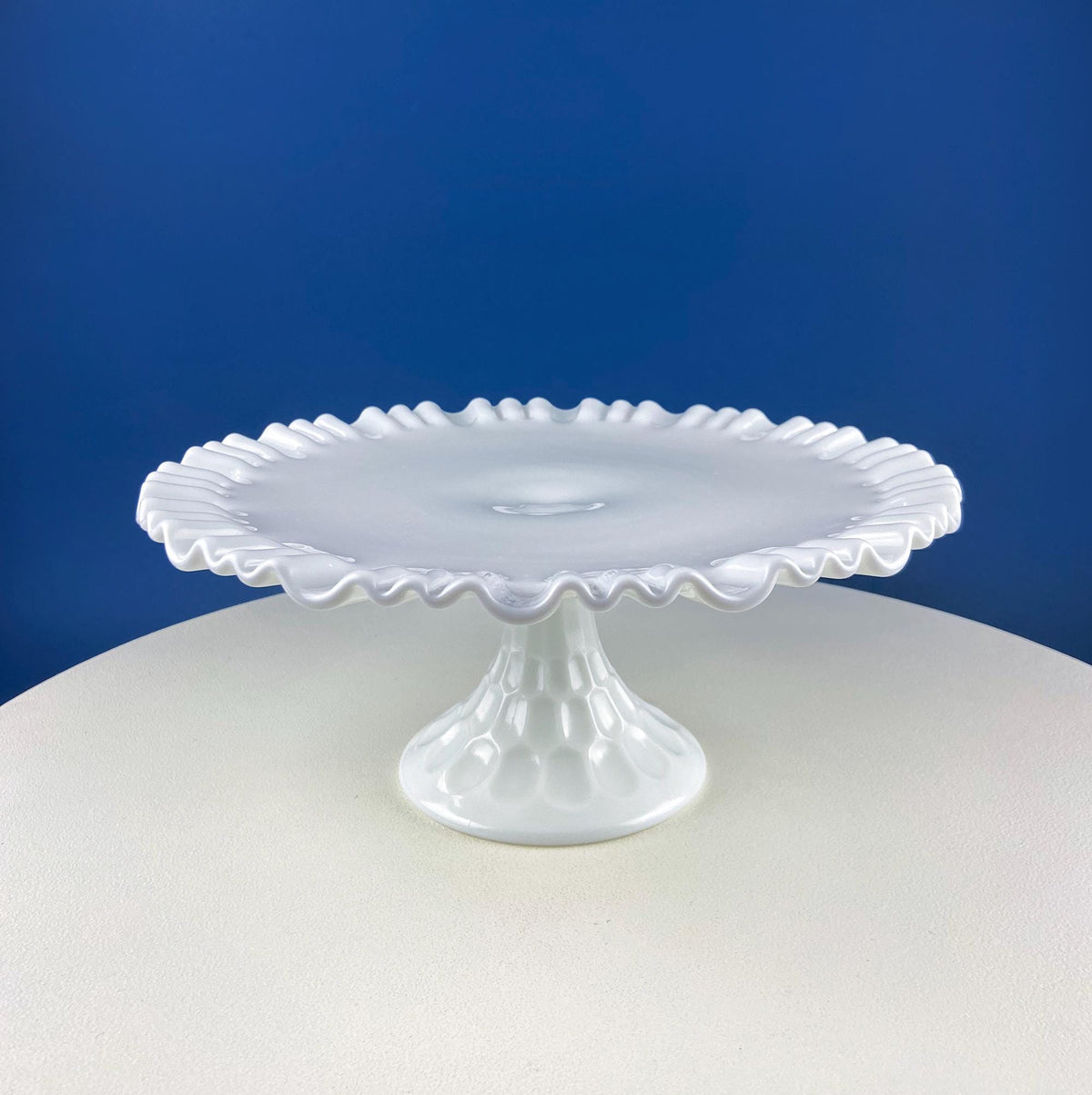 Vintage Thumb Print Milk Glass Cake Stand. White 12" Cake Serving Platter with Ruffled Edge. Wedding Birthday Holiday Celebration.