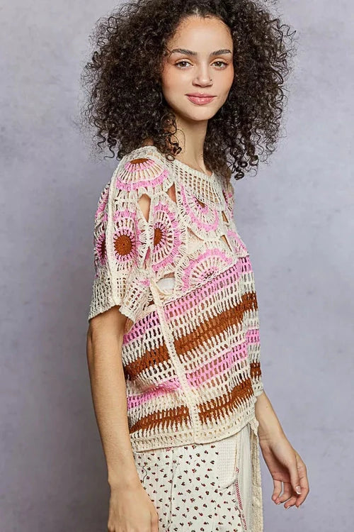 Weave Pattern Crochet Top with Short Sleeves and Border Accents