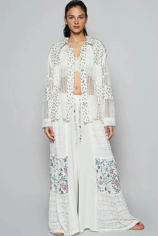 POL Floral Crochet Patchwork Long Sleeve Shirt