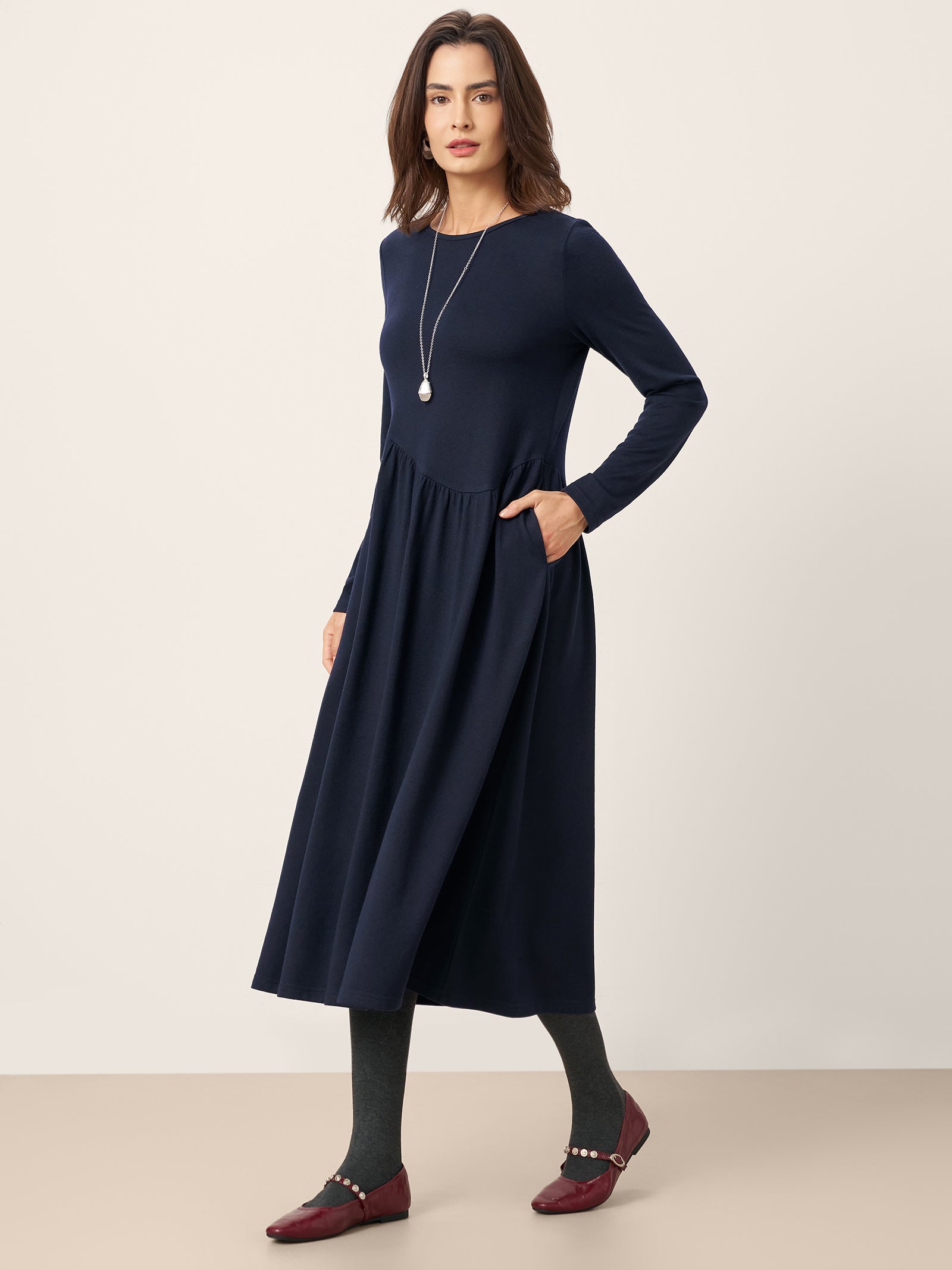 Wool Asymmetric Curved-Cut Midi Dress CALLIE