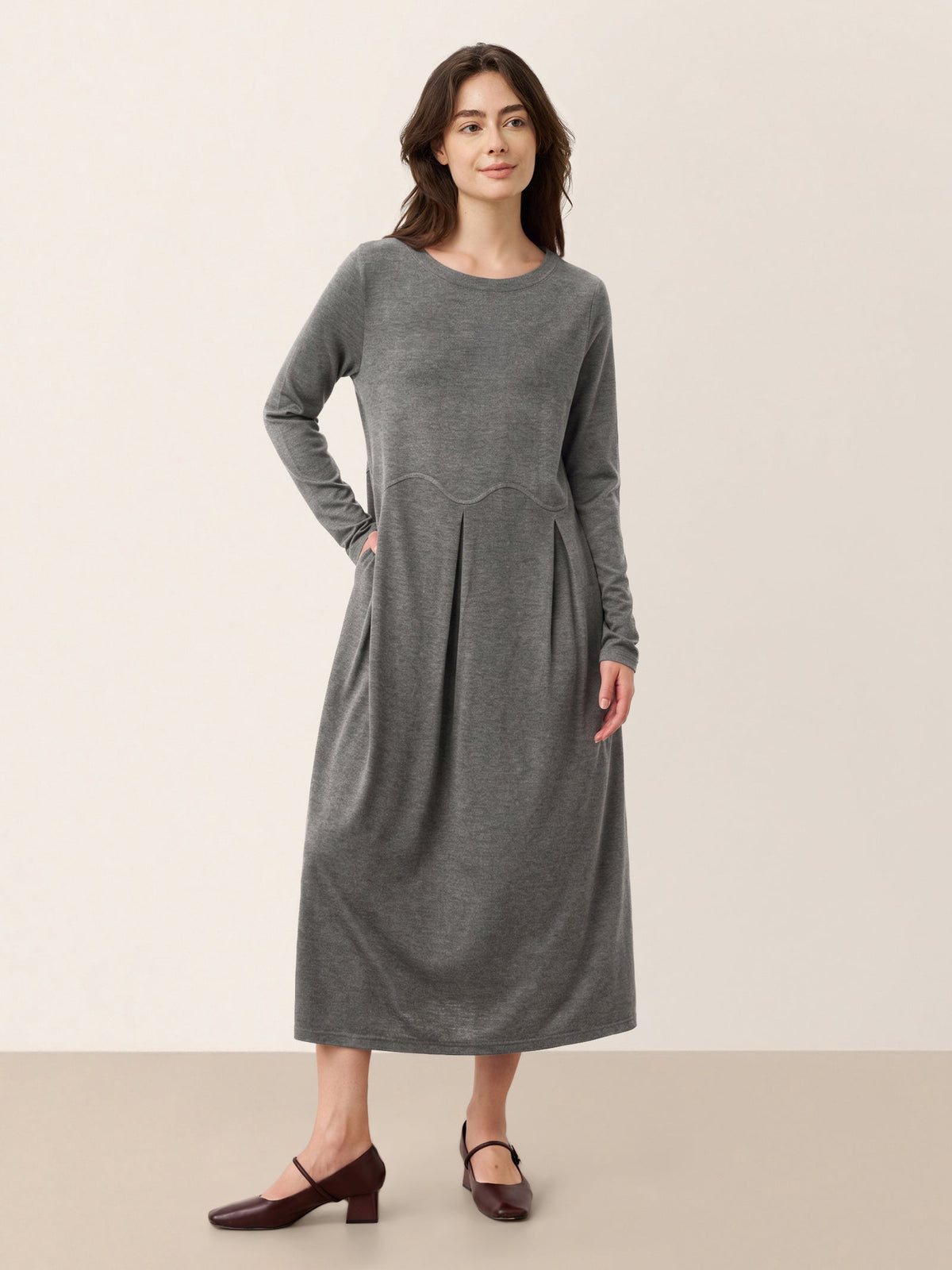 Wool Arc-Panel Sculpted Pleats Midi Dress CALISTA