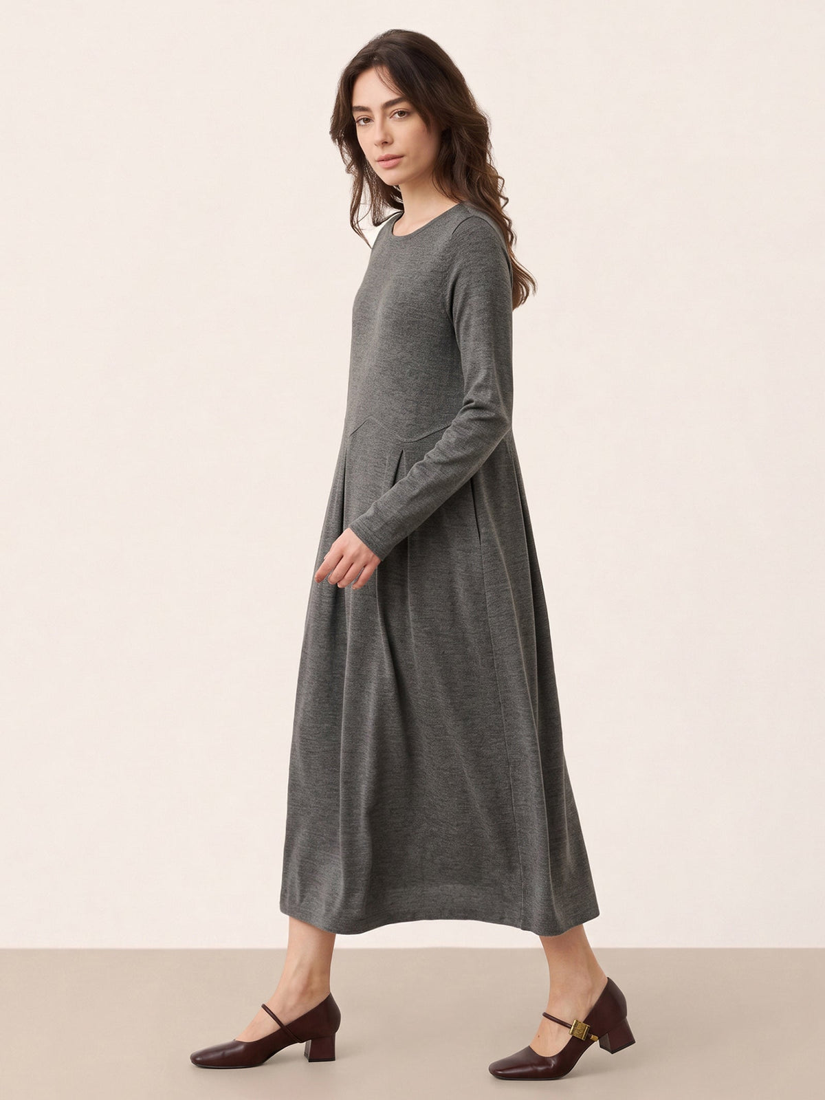 Wool Arc-Panel Sculpted Pleats Midi Dress CALISTA