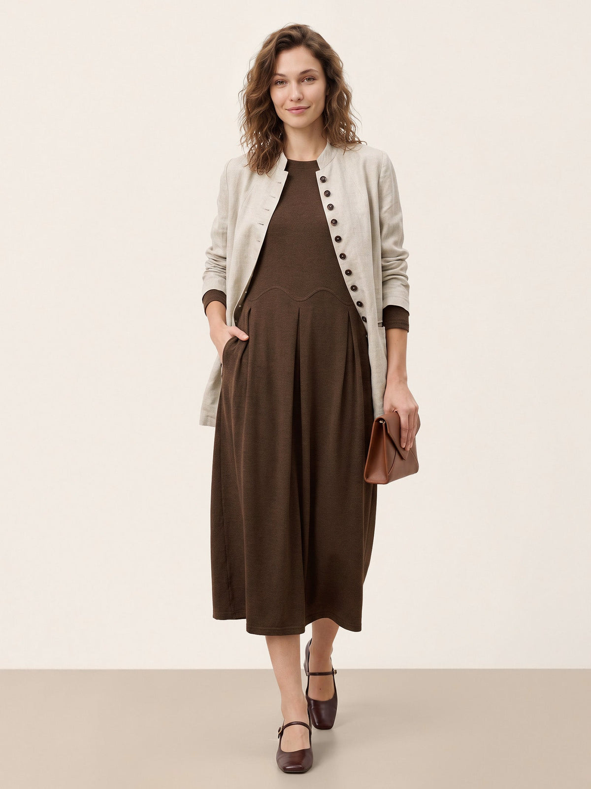 Wool Arc-Panel Sculpted Pleats Midi Dress CALISTA