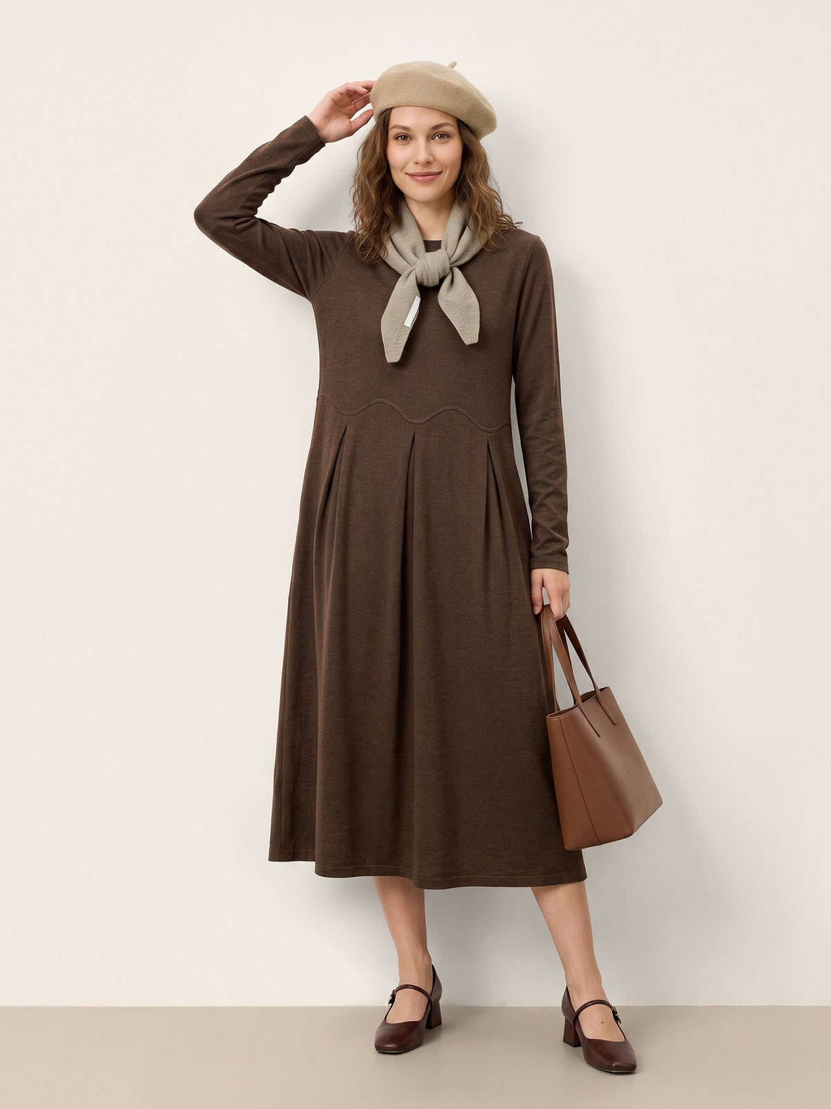 Wool Arc-Panel Sculpted Pleats Midi Dress CALISTA