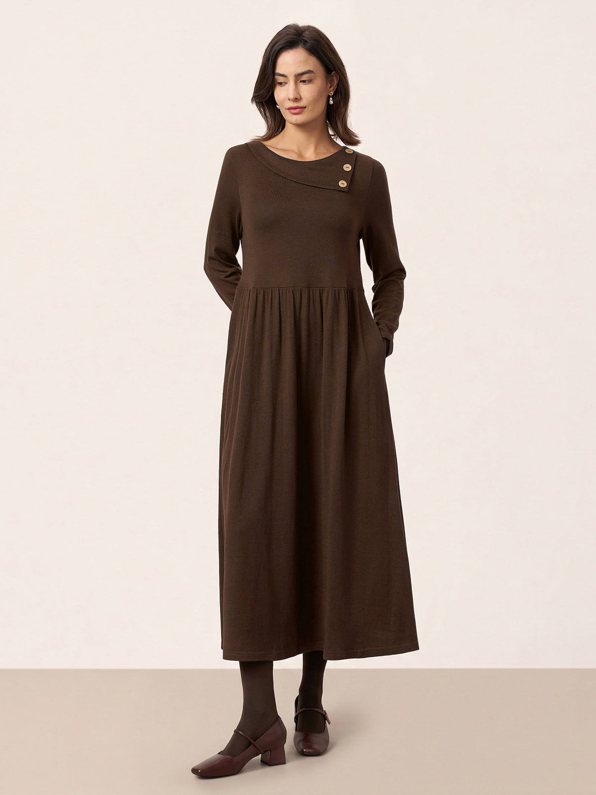 Wool Layered Neck Pleated Midi Dress BILLIE